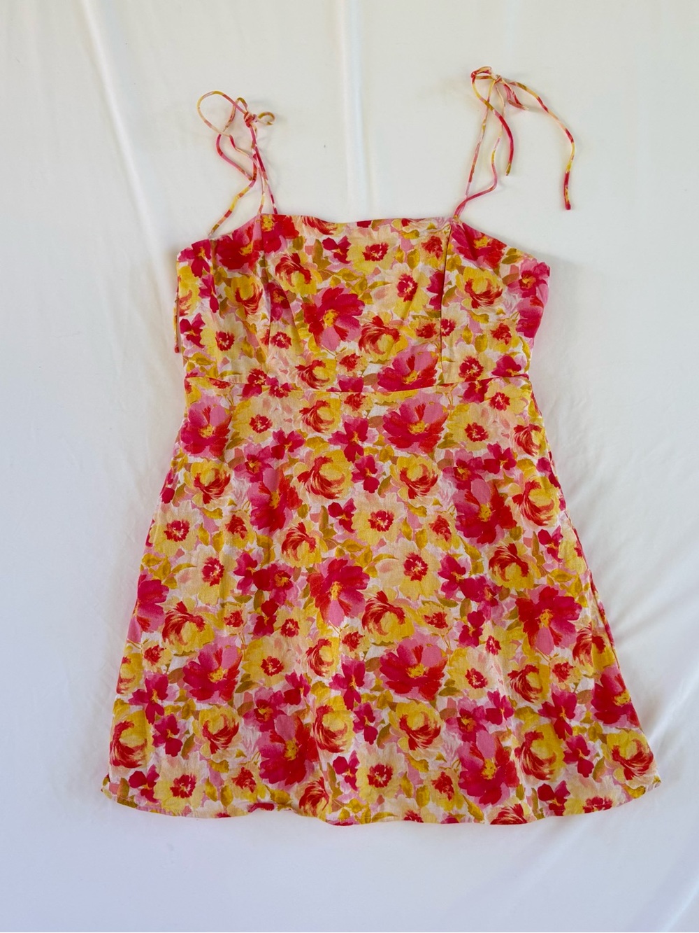 Floral Linen Blend Dress Womens XL Watercolor Smocked Back Tie Strap Sundress